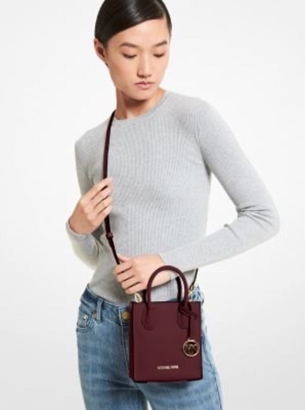 Michael Kors Mercer XS Shopper Crossbody Dark Cherry Pebbled Leather NWT